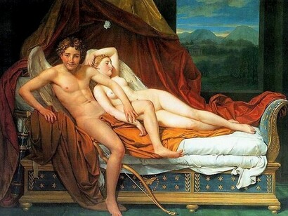 Eros/Cupid accidentally cuts himself with the tip of his arrow filled with poison and falls immediately madly in love with Psyche