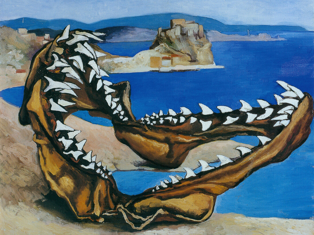 Renato Guttuso, Shark’s Jawbones in a Landscape, 1974, Oil on canvas, 63 x 73 cm, Courtesy Galleria d’Arte Maggiore, Bologna