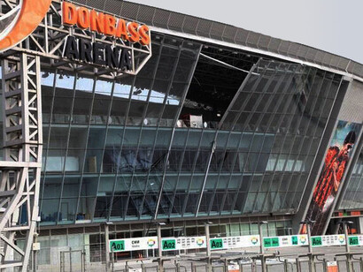 Bombardeio e ataque a Donbass Arena, o estádio do Shakhtar Donetsk, na cidade de Donetsk, Donetsk Oblast, Ucrânia
