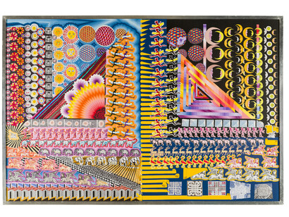 Pedro Friedeberg, Bodas triangulares orgánicas interacciones morganáticas, 2021, Ink and acrylic on museum board, 41.4 x 61.1 in, 105 x 155 cm