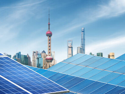Urban background of solar panels, Shanghai, China