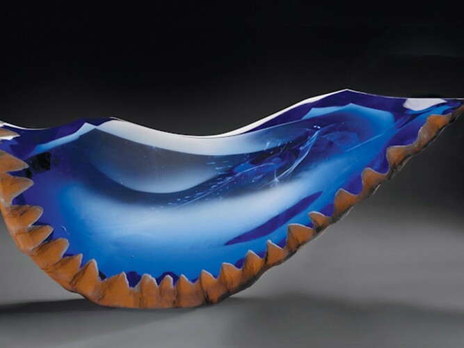Alex Gabriel Bernstein, Large blue half moon, 2023, cast and cut glass, fused steel, 22x42x5 inches