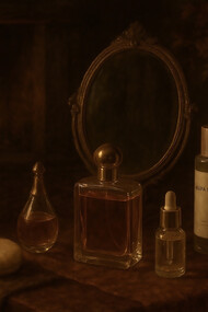 An autumn ritual of beauty, serums, perfumes, and creams bathed in candlelight, evoking warmth, reflection, and the quiet luxury of fall
