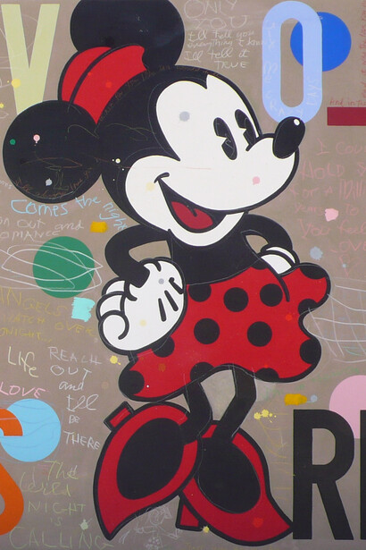 David Spiller (b.1942), Let’s Make Romance (Minnie),
2010, acrylic and crayon on canvas, signed, 147 x 127 cm. From Alan Wheatley Art