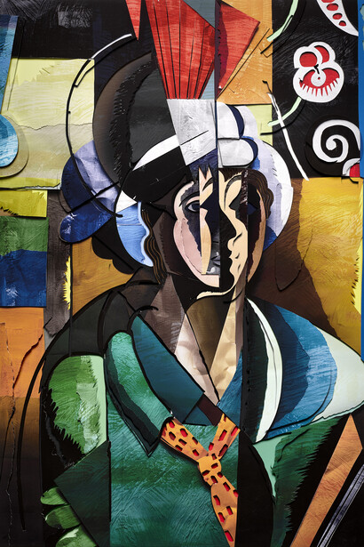 Vik Muniz, Surfaces: Woman with a Fan, after Jean Metzinger, 2021, mixed media, one of a kind, 52 1/2x36x2 1/4 inches. Courtesy of the artist and Rena Bransten Gallery, San Francisco