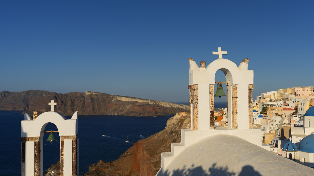 Santorini church at noon, with the sea as a background, Greece