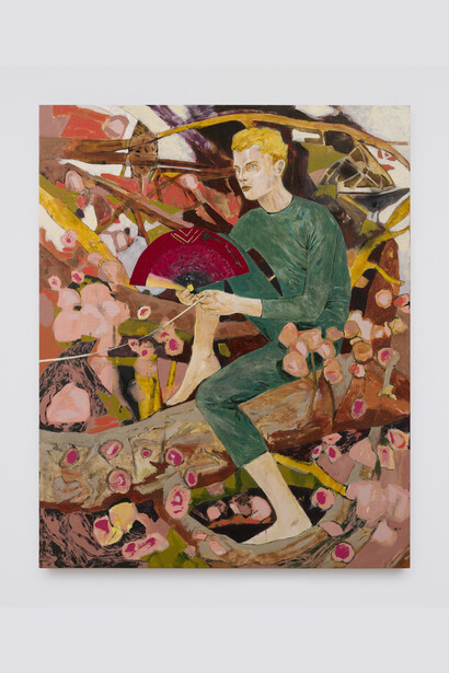 Hernan Bas, Unlike other members of his species, camouflage is not in his favor, 2017, Acrylic on linen, 127 x 101,6 cm / 50 x 40 in.Courtesy Perrotin. Photo: Kei Okano