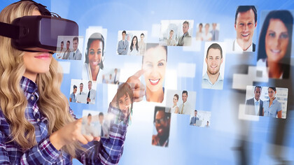 Engaging with technology dependence, a woman selects images of people through VR glasses, illustrating the contemporary embrace of modern tech