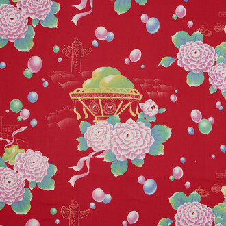 Quilt cover with design of baskets of three mangoes, student backpacks, and convoy of trucks, 1968. Printed cotton, 201 x 78 cm