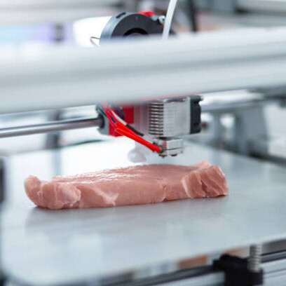 A detailed close-up of a 3D printer fabricating a meat piece, illustrating advancements in meat technology, alternative meat options, and high-tech food production