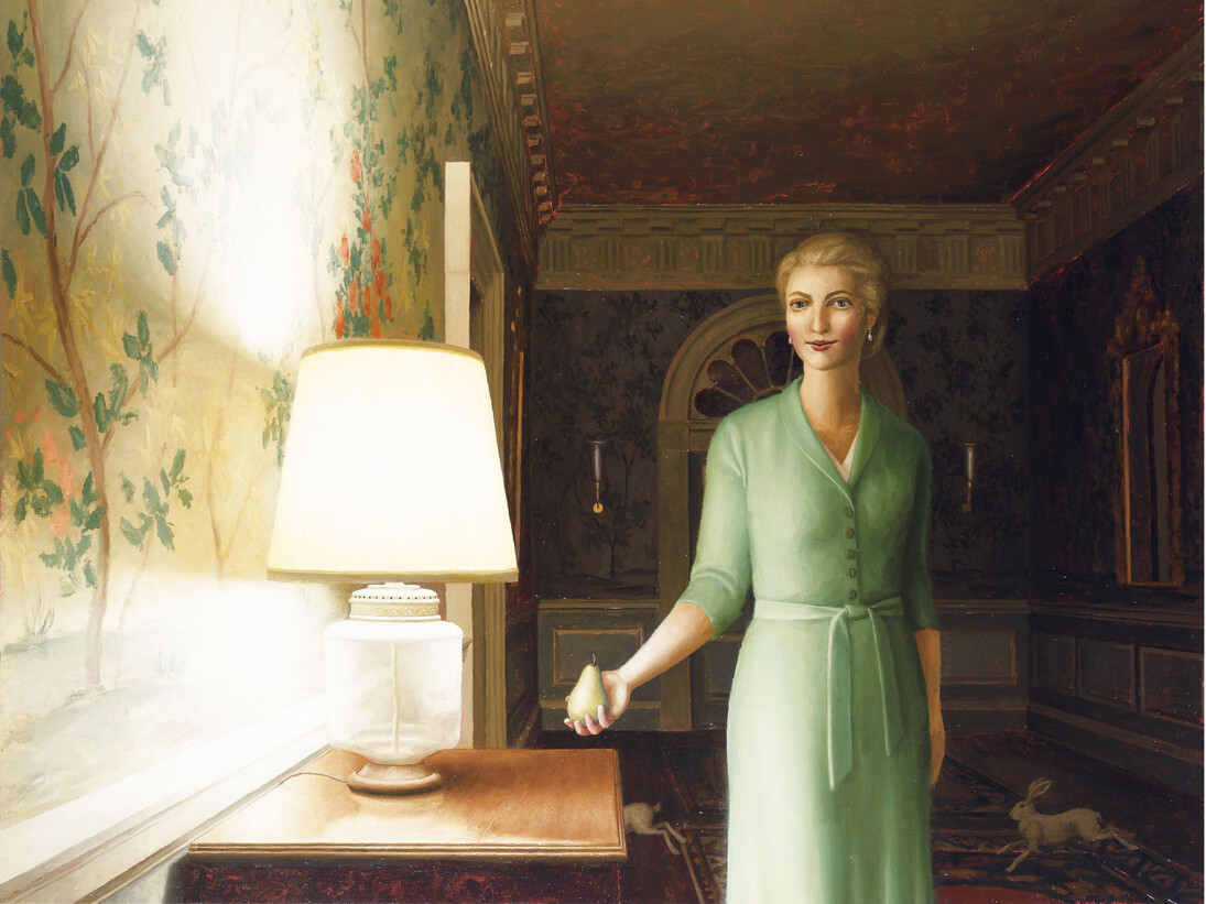 Harry Steen, Girl with pear, oil on canvas, 36 x 40 inches