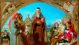 Ford Madox Brown (1821–1893). La primera traducción de la Biblia al inglés —Wycliffe leyendo su traducción del Nuevo Testamento a su protector—, Juan de Gante, duque de Lancaster, en presencia de Chaucer y Gower, sus vasallos. Pintura, 1847. The Cartwright Memorial Hall (Art Gallery And Museum) In Lister Park, 	
Bradford, Inglaterra