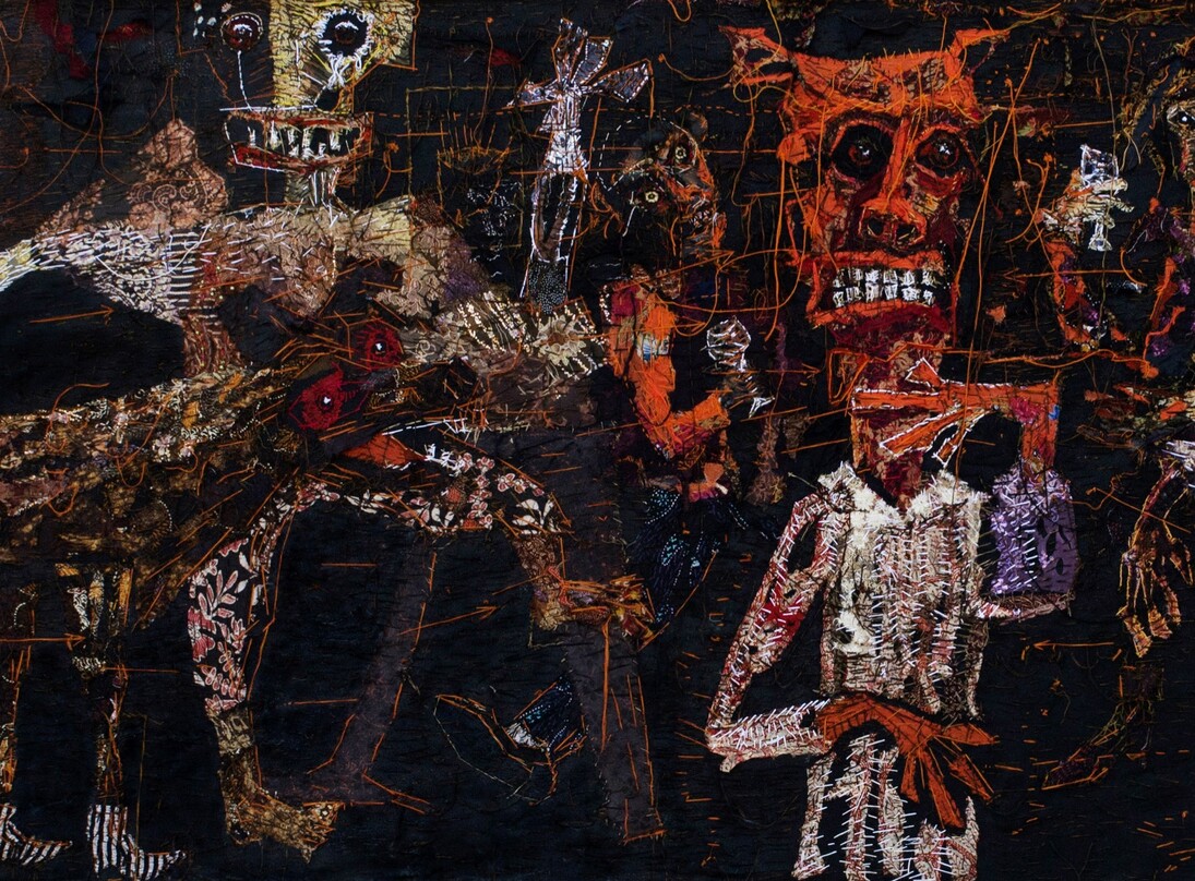 Gatot Pujiarto, Allergic to Alcohol (Alergi alkohol), detail, 2015, Canvas, textiles, acrylic and thread, 150 x 500 cm; 59 x 196 7/8 in.