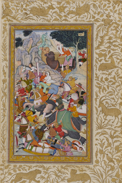 Dharam Das, Double-sided folio with a scene from the “Chester Beatty/British Library Akbarnama”, 1593–1596. Courtesy of Museum Rietberg