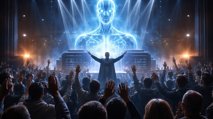 A congregation bathed in artificial light gathers in reverence before a towering digital entity, capturing the unsettling fusion of technology, belief, and collective devotion in the age of AI