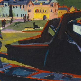 Ernst Ludwig Kirchner
German (also active in Switzerland), 1880–1938
Boats on the Elbe in Dresden (Boote auf der Elbe bei Dresden)
1910 (reworked ca. 1920)
Oil on canvas
24 3/8 x 34 ¾ in. (61.9 x 88.3 cm)
Sidney and Lois Eskenazi Museum of Art, Jane and Roger Wolcott Memorial, Gift of Thomas T. Solley