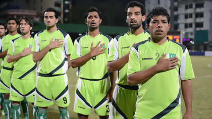 Pakistan National Football Team in Male during a friendly against Maldives in 12 February 2013. From right to left: Muhammad Adil, Samar Ishaq, Muhammad Ahmed, Hassan Bashir, Yasir Afridi, Naveed Ahmed, Kaleemullah Khan, 2013