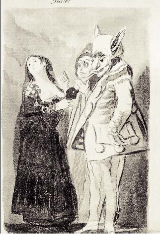 Francisco de Goya, "Máscaras Crueles (Masques cruels)" (tiré de l’album "B" ou de l’album "Madrid"), 1796-1797. Pinceau et encre de chine, lavis gris gratté sur papier vergé, 23,7 x 15 cm. National Gallery of Art, Washington, D.C. 