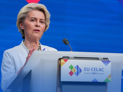 The president of the European Commission, Ursula von der Leyen, speaks to the press after the EU-CELAC Summit of Heads of State and Government meeting in Brussels, Belgium