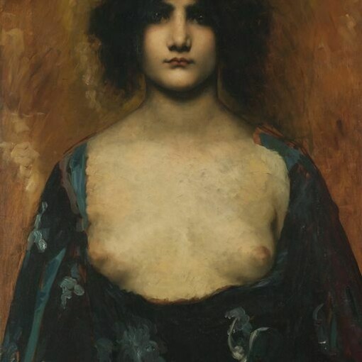 Juana Romani, Bohémienne (Joven Oriental), olio su tavola, 81x53,5 cm, Buenos Aires, Museo Nacional de Bellas Artes, (1893 ca). La sua arte, erede di una tradizione pittorica legata all’antico e segnata dall’influenza dei suoi maestri (da Jean-Jacques Henner a Ferdinand Roybet), mette in scena figure femminili forti e sensuali, tratte dalla storia biblica, il teatro, l’opera, la storia e la storia dell’arte