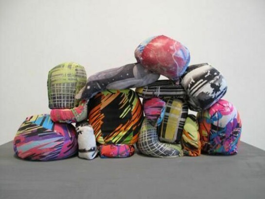 Christopher Astley, Elementary Wequiahments I, 2013, acrylic dye on raw linen, glazed ceramic, 28 x 36 inches