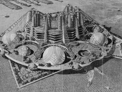 Frank Lloyd Wright,  Key Plan for Ellis Island,1959. Pencil and colored pencil on paper, 37.75in x 53.25in. Courtesy The Frank Lloyd Wright Foundation Archives (The Museum of  Modern Art | Avery Architectural & Fine Arts Library,  Columbia University)
