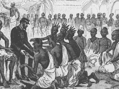 African carriers accompanying a British colonial expedition in Central Africa, 1877