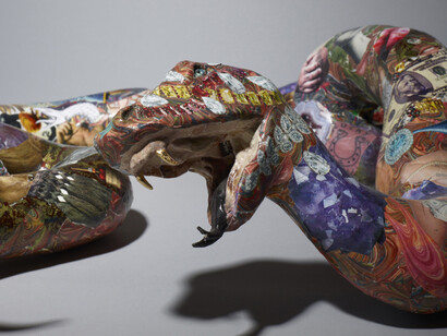 Roxanne Jackson, Snakes on a Chain, Papier-Mache, Magic Sculpt, wire, collage, 132 x 8 x 32 inches, 2015
