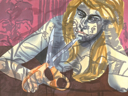 David Salle
Portrait with Scissors and Nightclub, 1987
Color woodcut.
Image size: 18 x 24"; paper size: 24¾ x 29½". Edition 100.
Published by Crown Point Press
