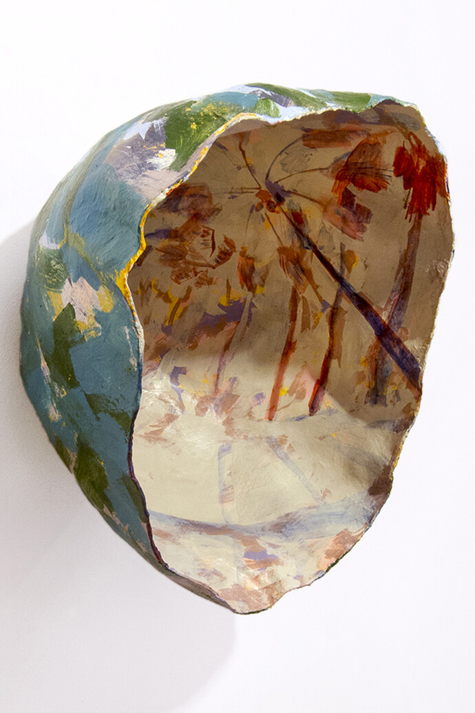 Rachael Gorchov, River, Los Angeles, 24 x 20 x 15 inches, Acrylic on handmade papier-mache clay and burlap, 2015
