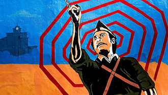 An illustration of a man wearing a black shirt, symbolizing political persecution under an authoritarian regime, inspired by figures like Bung Tomo and Soetomo in Surabaya, East Java, Indonesia