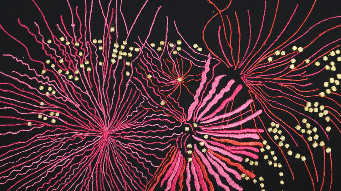 Pilar Albarracín, Fuegos artificiales, 2015, Silk embroideries, 11 3/4 x 19 5/8 x 0 3/8 in. Courtesy Galerie GP & N Vallois, Paris