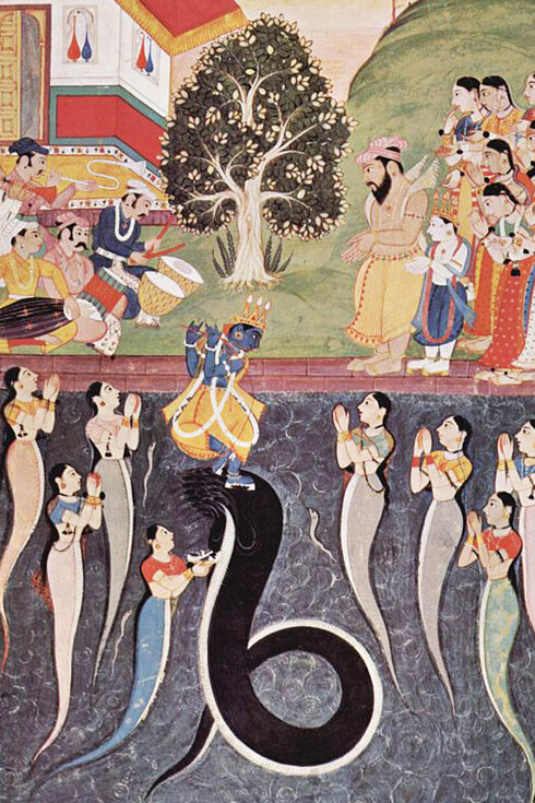 Krishna baila sobre el Kaliya Nāga, que se encuentra en calma en el río Yamuna, mientras sus esposas rezan a Krishna para que tenga misericordia de él