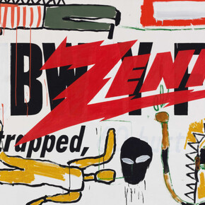 Jean-Michel Basquiat and Andy Warhol, Collaboration No. 19, oilstick, collage, silkscreen ink, and synthetic 
polymer paint on canvas, 169x309 cm, private collection, Israel, courtesy Zidoun- Boussuyt Gallery, Luxembourg, © The Estate of Jean-Michel Basquiat, licensed by Artestar, New-York, © The Andy Warhol Foundation for the Visual Arts, Inc./ licensed by ADAGP, Paris 2023. Courtesy of Fondation Louis Vuitton