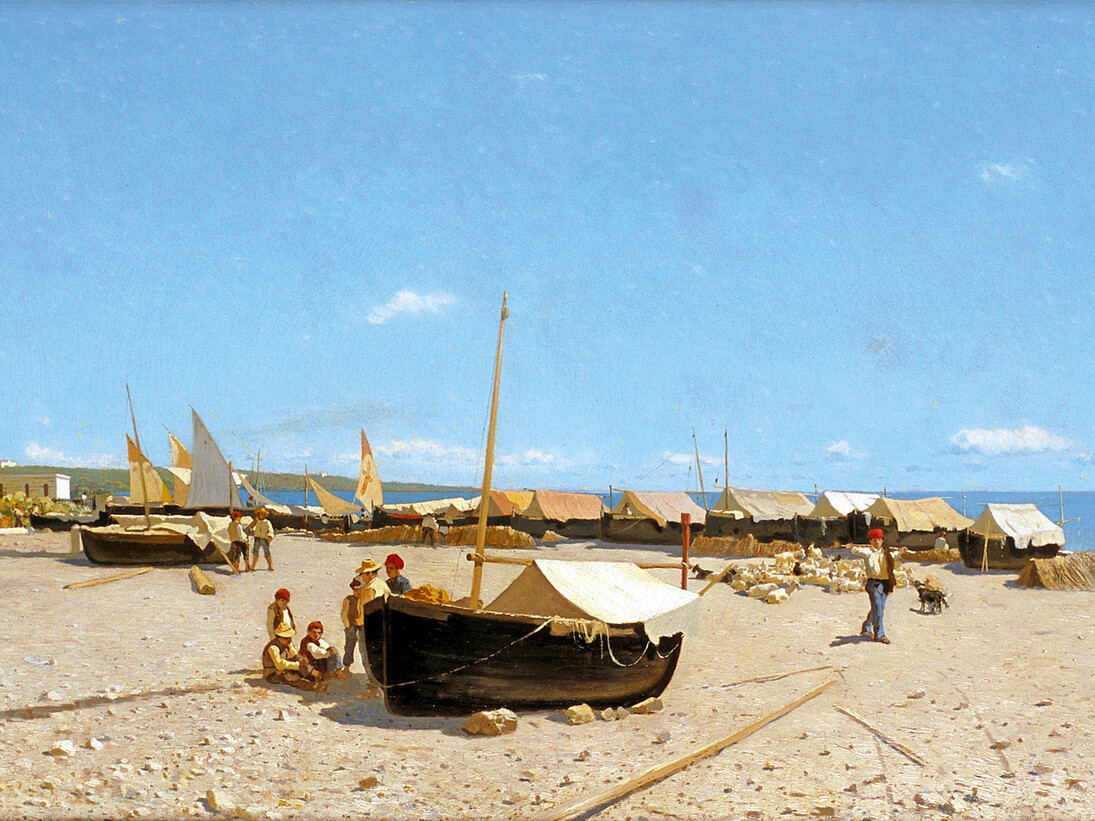 Guglielmo Ciardi, Il Porto di Anzio, 1874 circa, olio su tela, 46 x 88 cm. Courtesy of Galleria Bottegantica