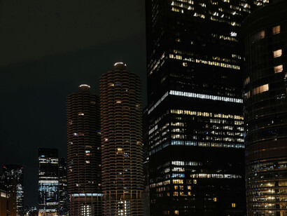 Downtown skyscrapers at night, Chicago, Illinois, USA