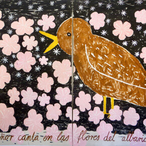 Gabrielle Graessle, El ruisenor canta en las flores del albericoquero (detail), 2020. Acrylic and glitter, Diptych: 70 x 50 3/4 x 1 1/4 each. Courtesy of the artist and Simchowitz Gallery