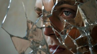 Um rosto aparece fragmentado pelos estilhaços de um espelho, enquanto um olho azul se destaca entre os pedaços de vidro. Os reflexos multiplicam as perspectivas e transformam a imagem numa composição inquietante, quase hipnótica. Em "Partiram-se os espelhos!", essa fragmentação evoca a dificuldade de reconhecer a realidade quando as convicções, as aparências e as informações distorcidas se sobrepõem à capacidade de discernimento