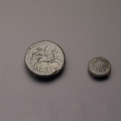 Dracma, semiobolo, ottavo e sedicesimo di Arse (250 a. C.). Museo di Preistoria di Valencia