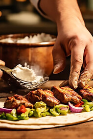 A chef preparing a wrap with vegatables and meat