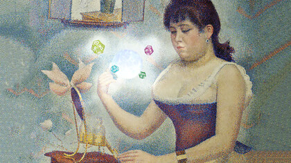 Young woman powdering herself by Georges Seurat (edited with astrological glyphs)