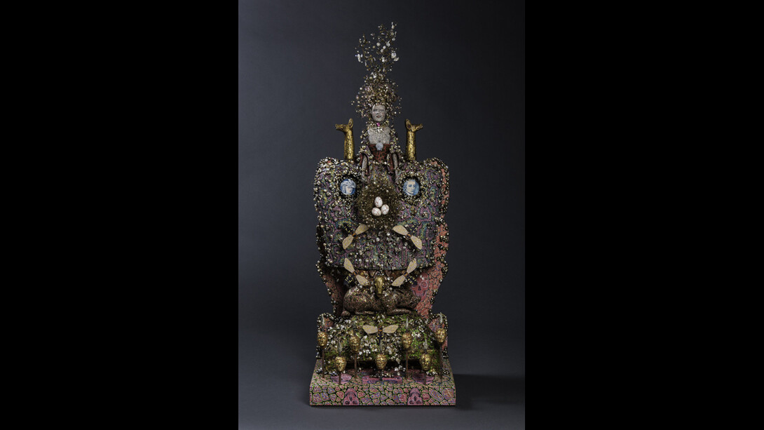 Queen’s Folly, Marie Antoinette, 2015. Richard Cleaver (born 1952). Hand-built ceramic, wood, freshwater pearls, quartz, Swarovski crystals, metal, gold leaf, painted in oil, 31 1/2 × 12 × 9 inches. Courtesy of the artist. Photograph by Dan Meyers. © Richard Cleaver.