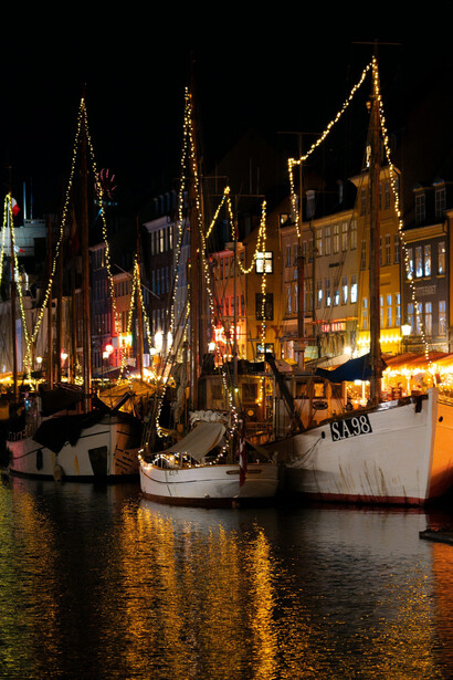 Nyhavn at night with beautiful lights, Copenhagen, Denmark