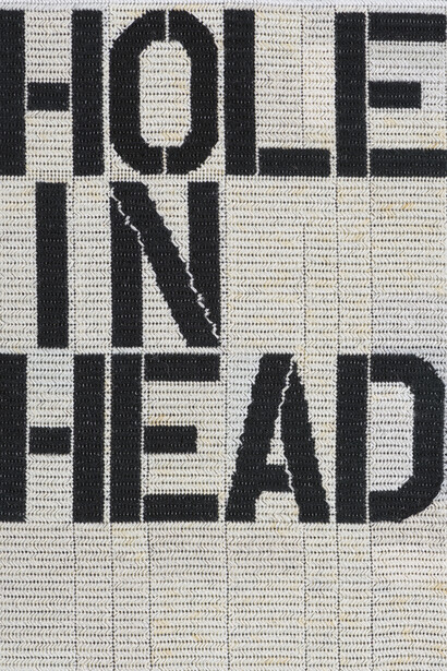 Narelle Jubelin, As yet untitled (Christopher Wool, 1992), 2014, cotton on silk petit point, Courtesy the artist and Marlborough Contemporary, London.