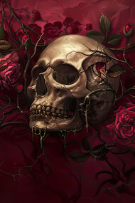 A gothic skull surrounded by dark roses and thorny vines stands out against a deep crimson background