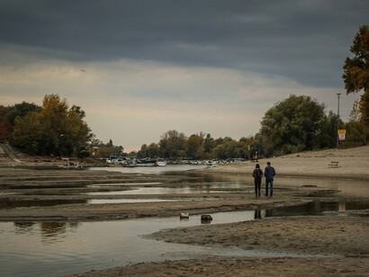 Record-low water levels reveal parts of the Danube riverbed in Novi Sad, Serbia, amid severe drought