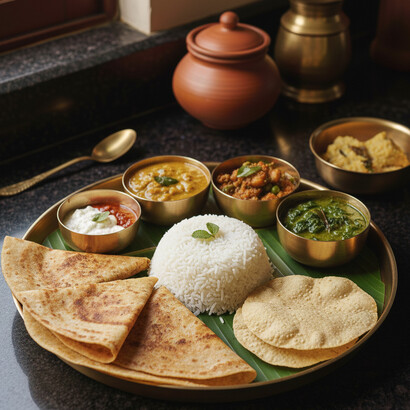 A wholesome and traditional Brahmin meal, beautifully arranged on a brass thali. This spread features soft rotis, fragrant white rice, a vibrant spinach curry, a potato and pea curry, and cooling raita, all reflecting the pure and balanced flavors of South Indian vegetarian cuisine