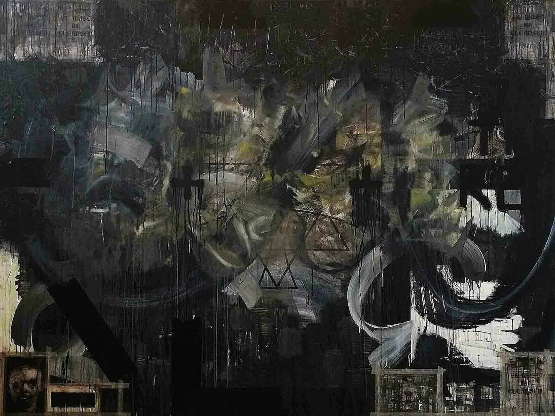 Zavier Ellis, The End of Days, 2014, Liquitex acrylic, spray paint, oil, tape, collage on board, 200 x 300 cm