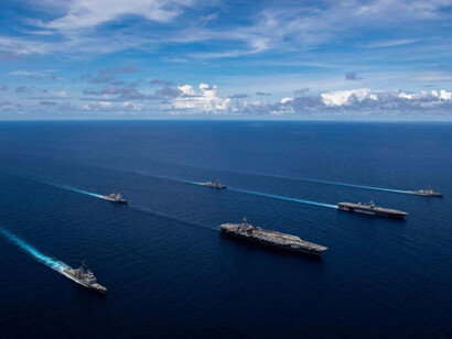 U.S. Navy USS Carl Vinson (CVN 70) Carrier Strike Group, Japan Maritime Self-Defense Force's JS Kaga (DDH-184) helicopter carrier conduct bilateral operations in South China Sea