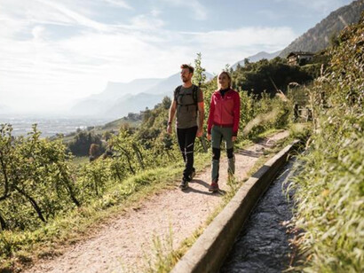  Waalweg di Marlengo, Trentino alto Adige, Italia: il canale pesca l'acqua dal fiume Adige presso Töll e sfocia nella gola del Raffein presso Cermes